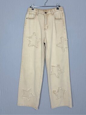 NWT Boutique Star Patch Wide Leg Jeans Cream Beige Size M